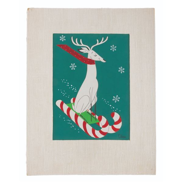An Original T. Hee Reindeer Christmas Card Design.