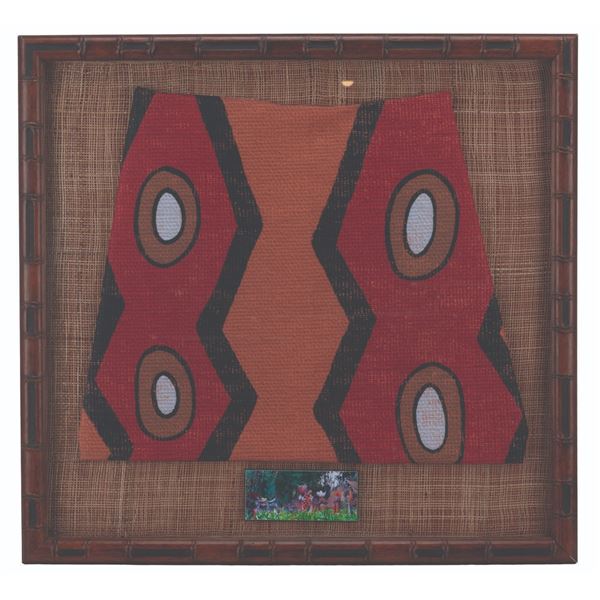 A Framed Jungle Cruise Native Fabric Swatch.