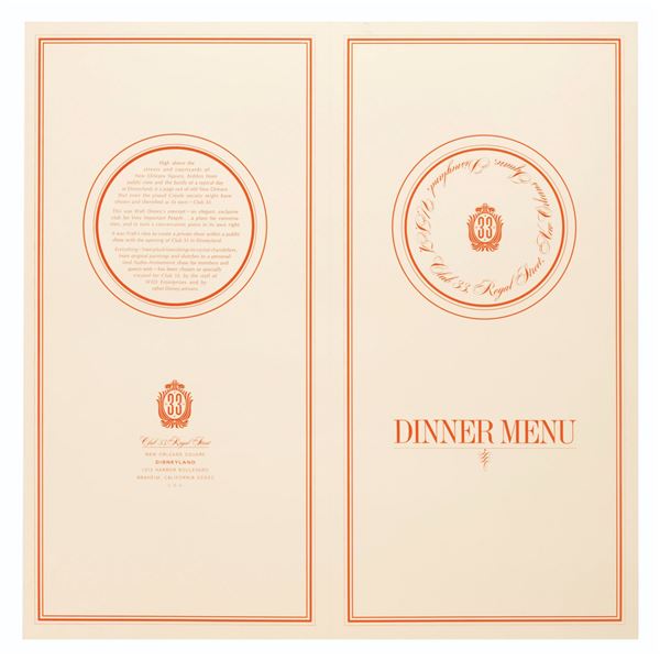 An Early Club 33 Dinner Menu.