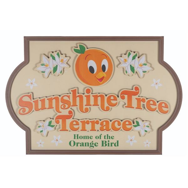 A Sunshine Tree Terrace Orange Bird Souvenir Sign.