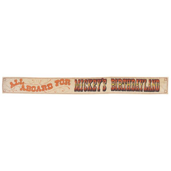 A Mickey's Birthdayland Frontierland Train Station Banner.