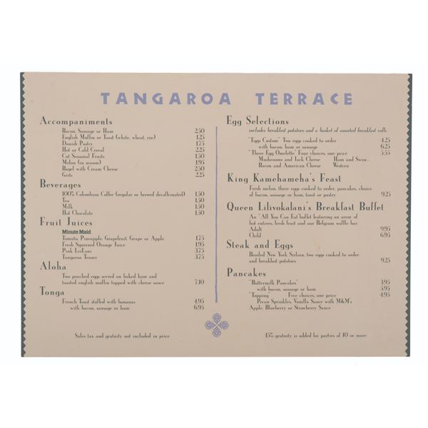 A Polynesian Resort Tangaroa Terrace Menu Board.