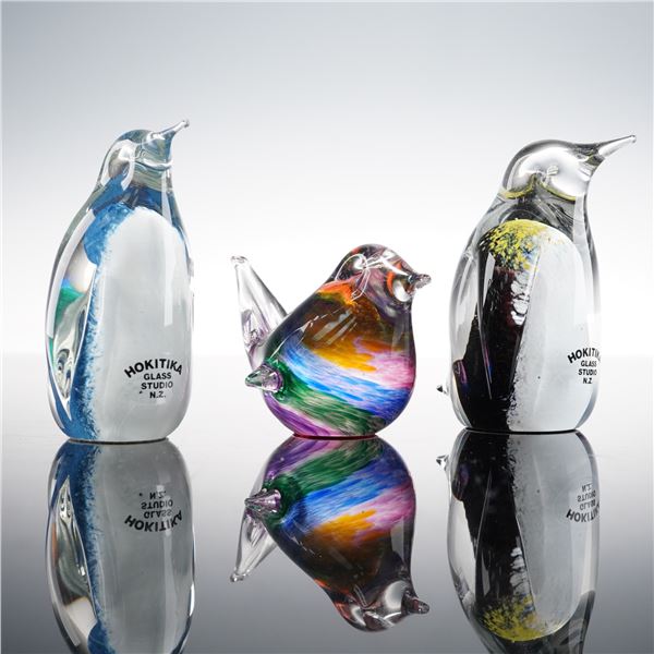 3pc Hokitika Glass Studio Bird and Penguin Figurines