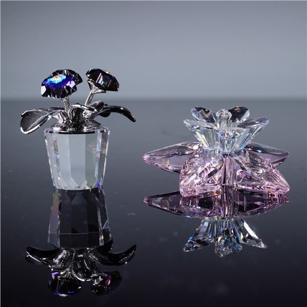 2pc Swarovski Crystal Flower Figurines, Rosaline Moonlight and Primula Blue