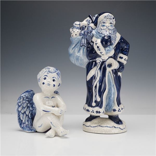2pc  Dedham Pottery Holiday Figurines, Santa Claus & Seated Angel