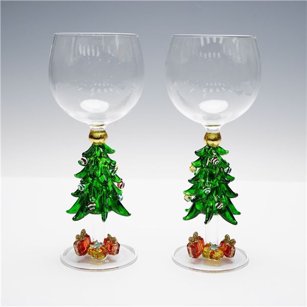 2pc Yurana Design Holiday Art Glass Wine Glasses, Christmas Tree
