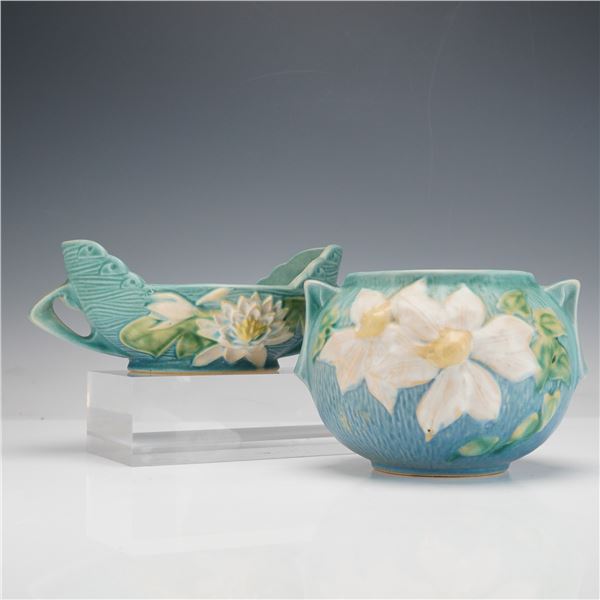 2pc Roseville Pottery Blue Vase and Bowl, Clematis and Water Lily