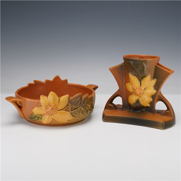 2pc Roseville Pottery Vase & Bowl, Clematis