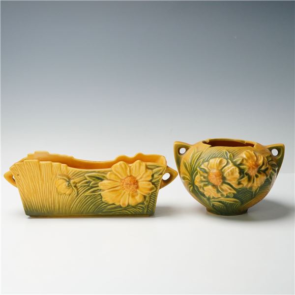 2pc Roseville Pottery Window Box Jardiniere & Cache Pot, Peony
