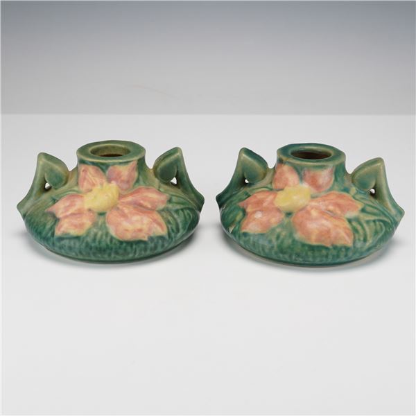 Pair of Roseville Pottery Candle Holders, Clematis