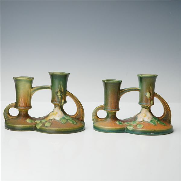 Pair of Roseville White Rose Double Candle Holders