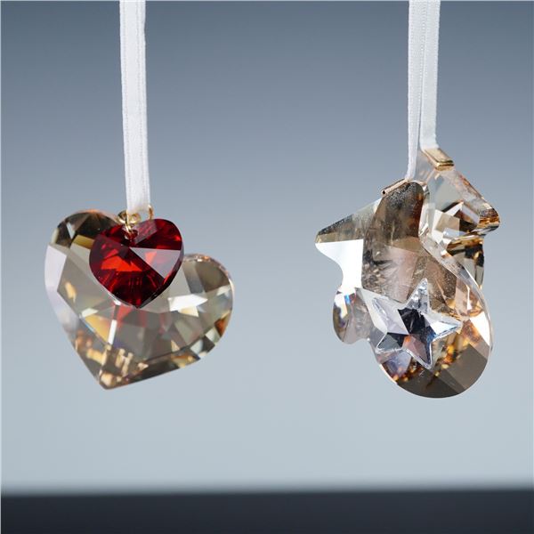 2pc Swarovski Christmas Ornaments, Festive Hearts and Twinkling Mittens