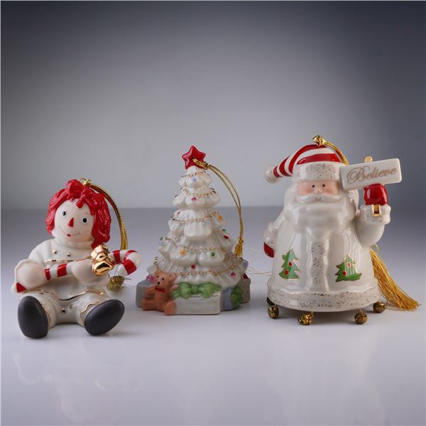 3pc Lenox Tree Ornaments, Christmas Tree, Raggedy Ann, & Believe Santa