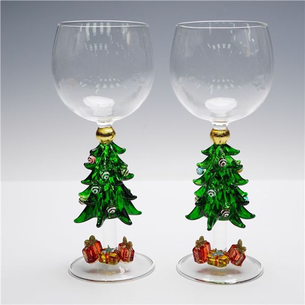 2pc Yurana Design Holiday Art Glass Wine Glasses, Christmas Tree