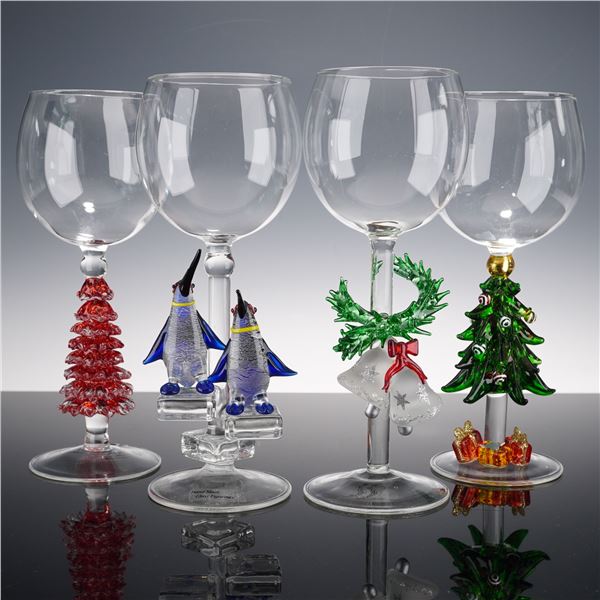 4pc Yurana Design Handmade Glass Figural Goblets, Holiday Motif