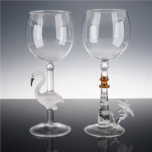 2pc Yurana Art Glass Figural Wine Glasses, Flamingo and Dolphin Adventure