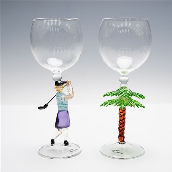 2pc Yurana Design Figural Art Glass Wine Glasses, Golfer and Palm Tree