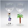 Image 2 : 2pc Yurana Design Figural Art Glass Wine Glasses, Golfer and Palm Tree