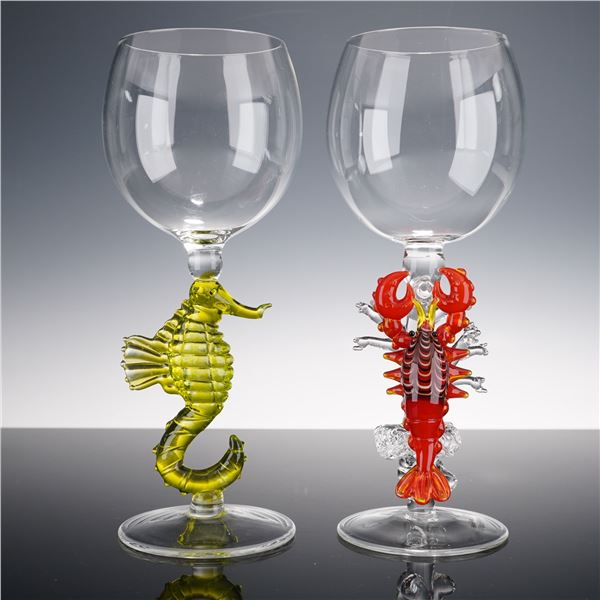 2pc Yurana Design Handmade Glass Figural Goblets, Seahorse & Lobster