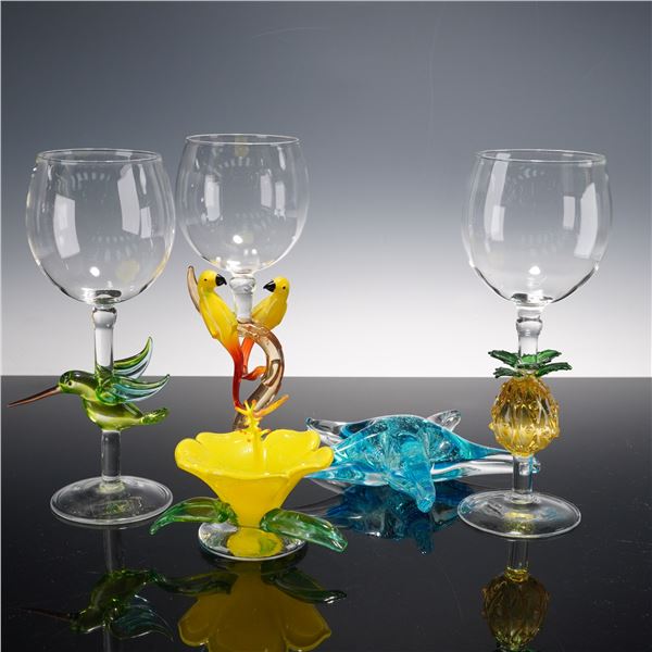 5pc Yurana Tropical Themed Handmade Art Glass Wine Glasses and Figurines
