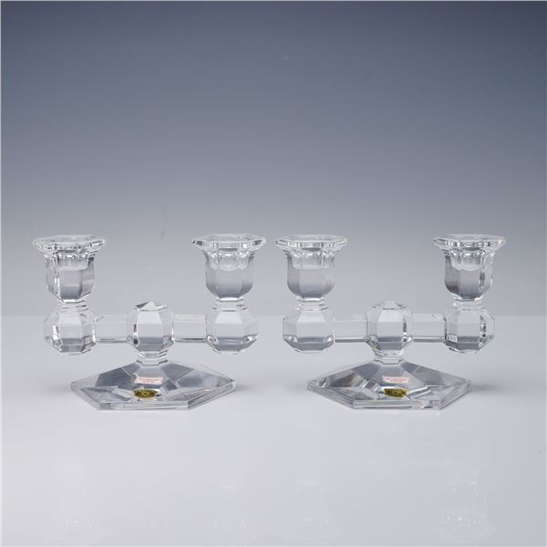 Pair of Val St Lambert Crystal Double Candleholders, Gardenia