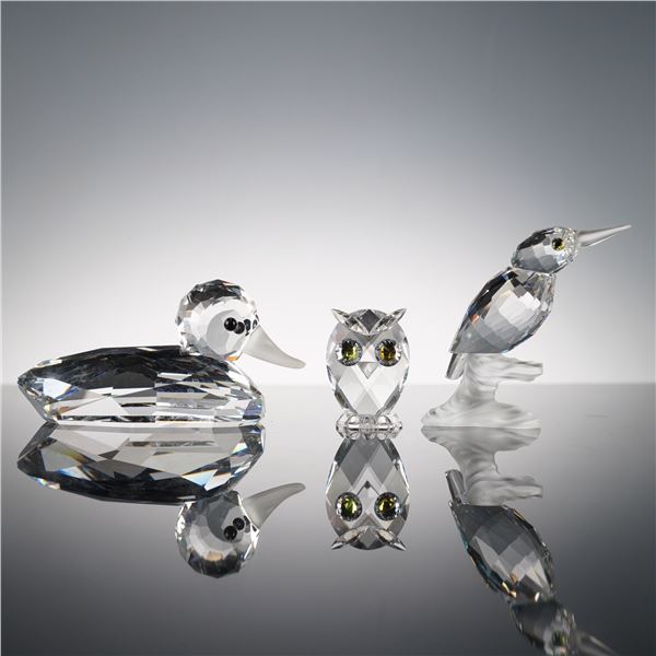 3pc Swarovski Crystal Bird Figurines, Mallard, Owl, and Kingfisher