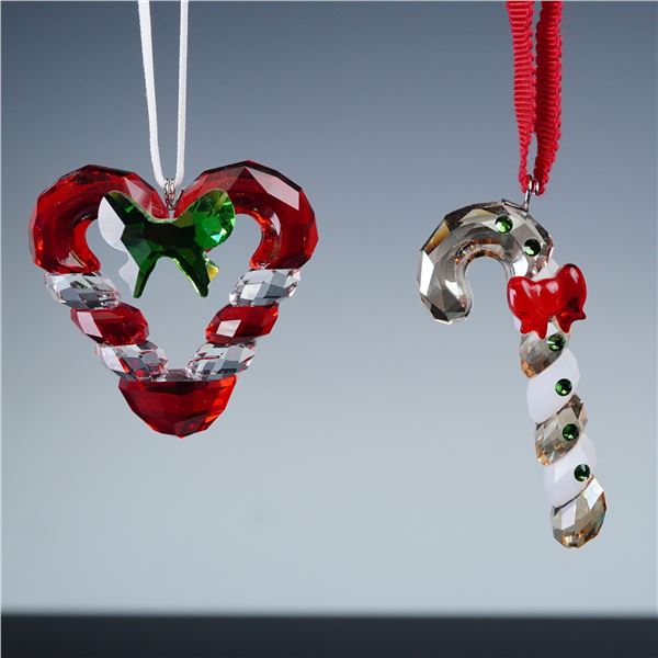 2pc Swarovski Christmas Ornaments, Candy Cane Heart and Gingerbread Cane