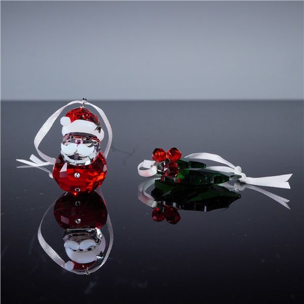 2pc Swarovski Christmas Ornaments, Rocking Santa Claus and Holly Leaves