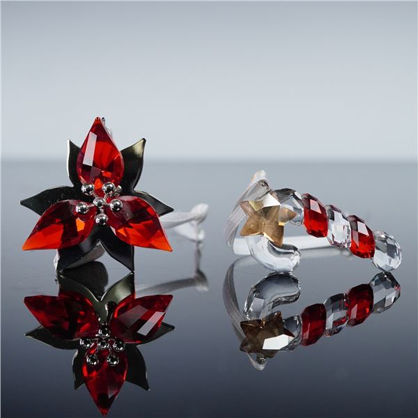 2pc Swarovski Crystal Tree Ornaments, Poinsettia & Candy Cane