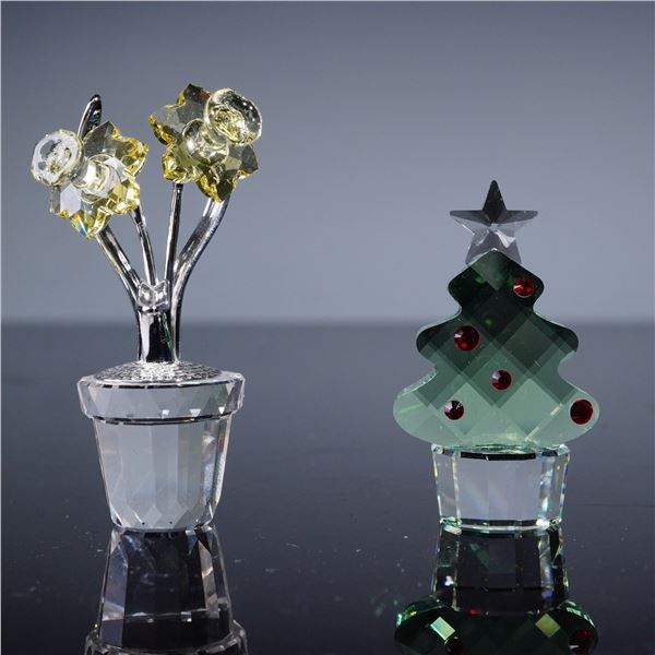 2pc Swarovski Crystal Figures, Christmas Tree and Narcissus Rhodium