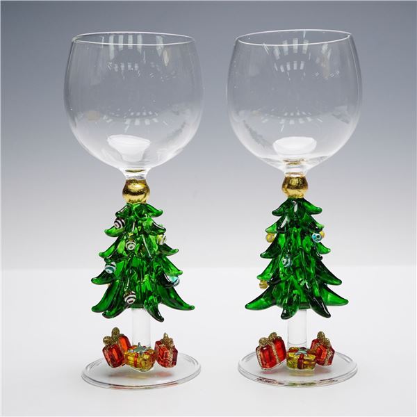 2pc Yurana Design Holiday Art Glass Wine Glasses, Christmas Tree