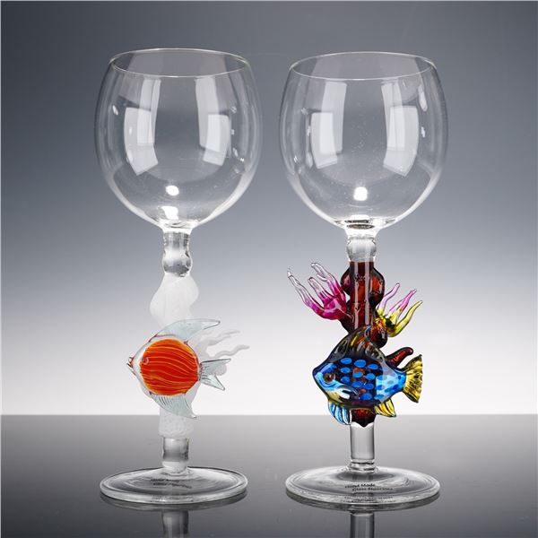 2pc Yurana Art Glass Figural Wine Glasses, Coral Reef and Tropical Fish