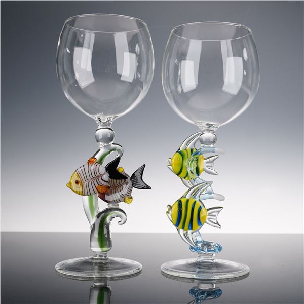 2pc Yurana Art Glass Tropical Fish Figural Wine Glasses