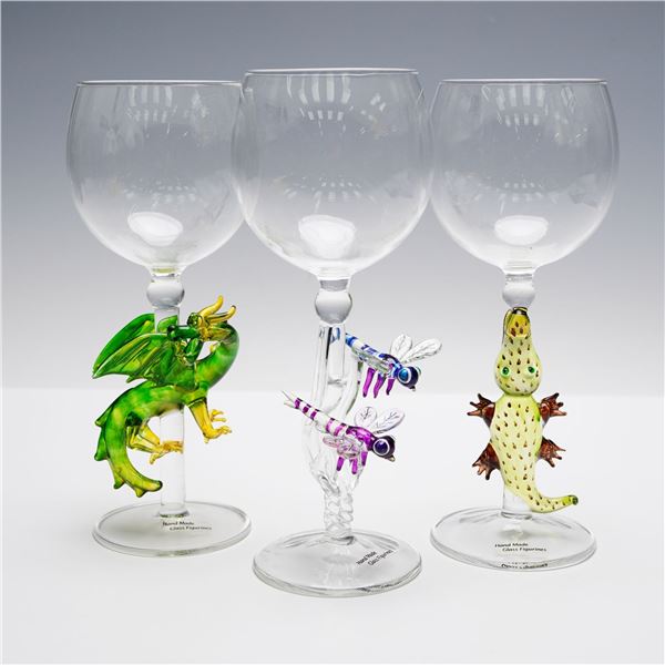 3pc Yurana Design Figural Art Glass Wine Glasses