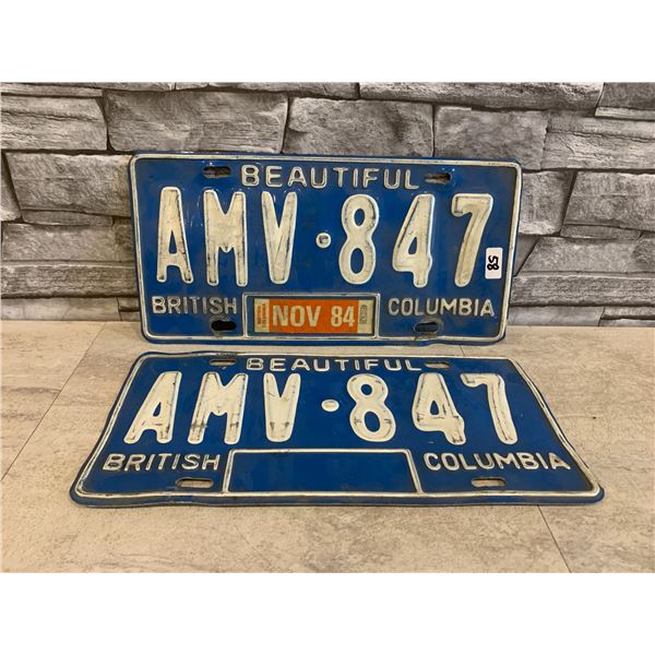 Lot of 2 Vintage BC License Plates - 1984 - Matching
