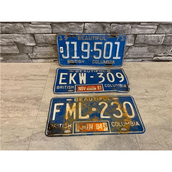Lot of 3 Vintage BC License Plates - 1970's - 80's