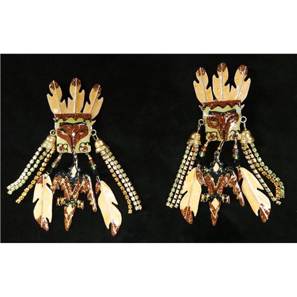 Pair Large Vintage Lunch at the Ritz Earrings w/ Tribal Mask Design, Signed & Dated 1985?, 3.5" x 4"