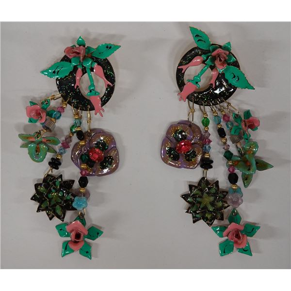 Pair Large Vintage Lunch at the Ritz Earrings w/ Koi & Orchids Design, Signed & Dated 1985,  4"L