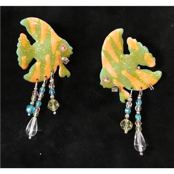 Pair Large Vintage Lunch at the Ritz Earrings w/ Angel Fish Design, Signed & Dated 1985?,  3"L