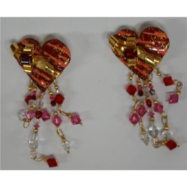 Pair Large Vintage Lunch at the Ritz Earrings w/ Hearts Design, Signed & Dated 1985?,  3"L