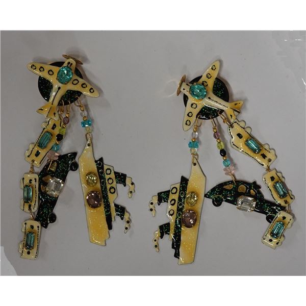 Pair Large Vintage Lunch at the Ritz Earrings w/ Airplanes & Ships Design, Signed & Dated 1985,  5"L