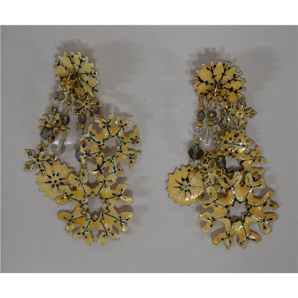 Pair Large Vintage Lunch at the Ritz Earrings w/ Crystal Star Snowflake Design, Signed & Dated 1985?