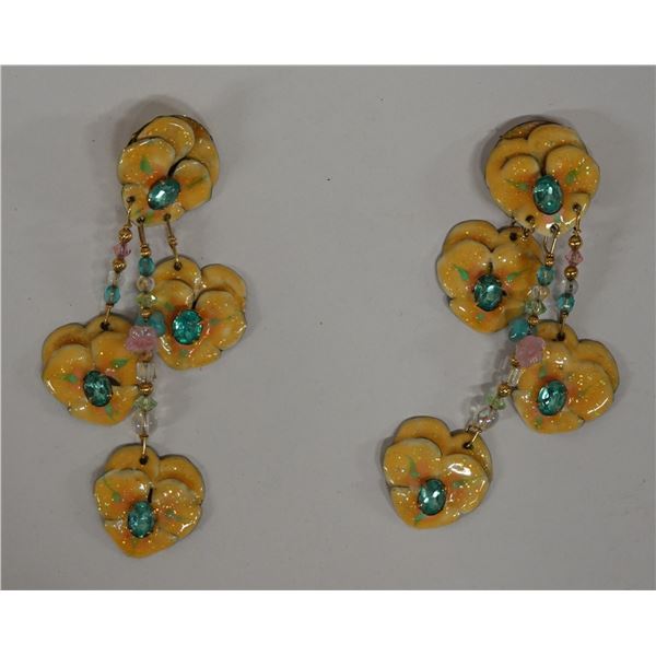 Pair Large Vintage Lunch at the Ritz Earrings w/ Orchids Design, Signed & Dated 1985?,  3.25"L