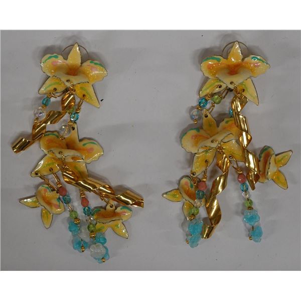 Pair Large Vintage Lunch at the Ritz Earrings w/ Hawaiian Orchids Design, Signed & Dated 1985?,  3.5