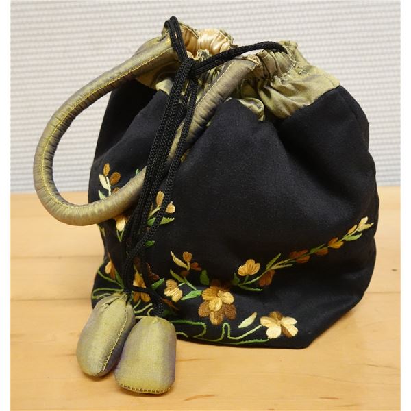 Embroidered Silk Bag w/ Handle & Drawstring 7" x 7"H
