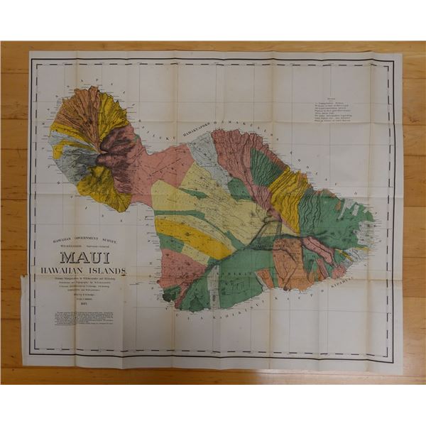 Maui Hawaiian Islands Territorial Map Lithograph Dated 1885, Unframed 37" x 32"