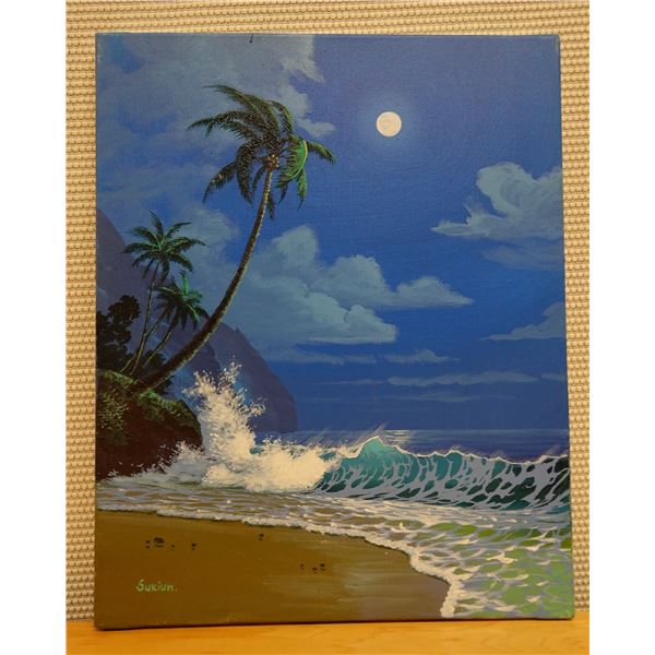 Original Oil Painting, Moonlight Ocean Scene by Daniel Kim, Hawaii Artist, 16" x 20" Unframed
