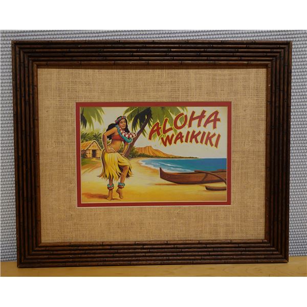 Vintage "Aloha Waikiki" Print, Framed & Matted 23" x 19"