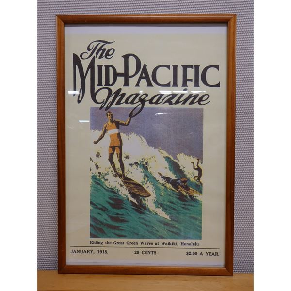 Vintage Mid-Pacific Magazine "Riding the Great Waves" Poster Dated 1918, Framed 22" x 37"