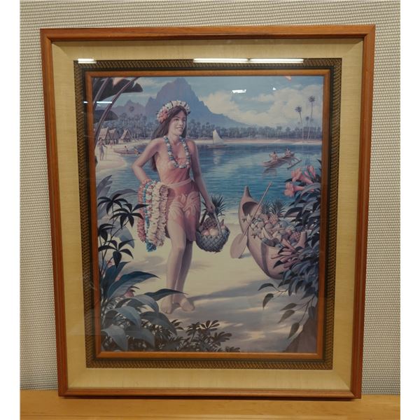 Vintage Lei Girl Poster, Koa Framed & Double Matted 32" x 39"
